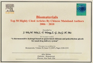 J.Wu,W Wei etal awarded to Biomaterals Top 50 Highly Cited Article By Chinese Mainland Authors 2006-2010